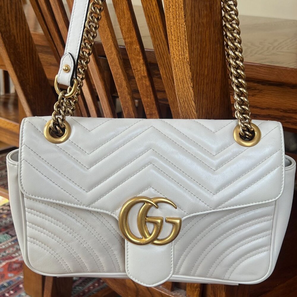 Gucci GG Marmont Small Quilted Leather Shoulder Bag Off-White Gold Chain